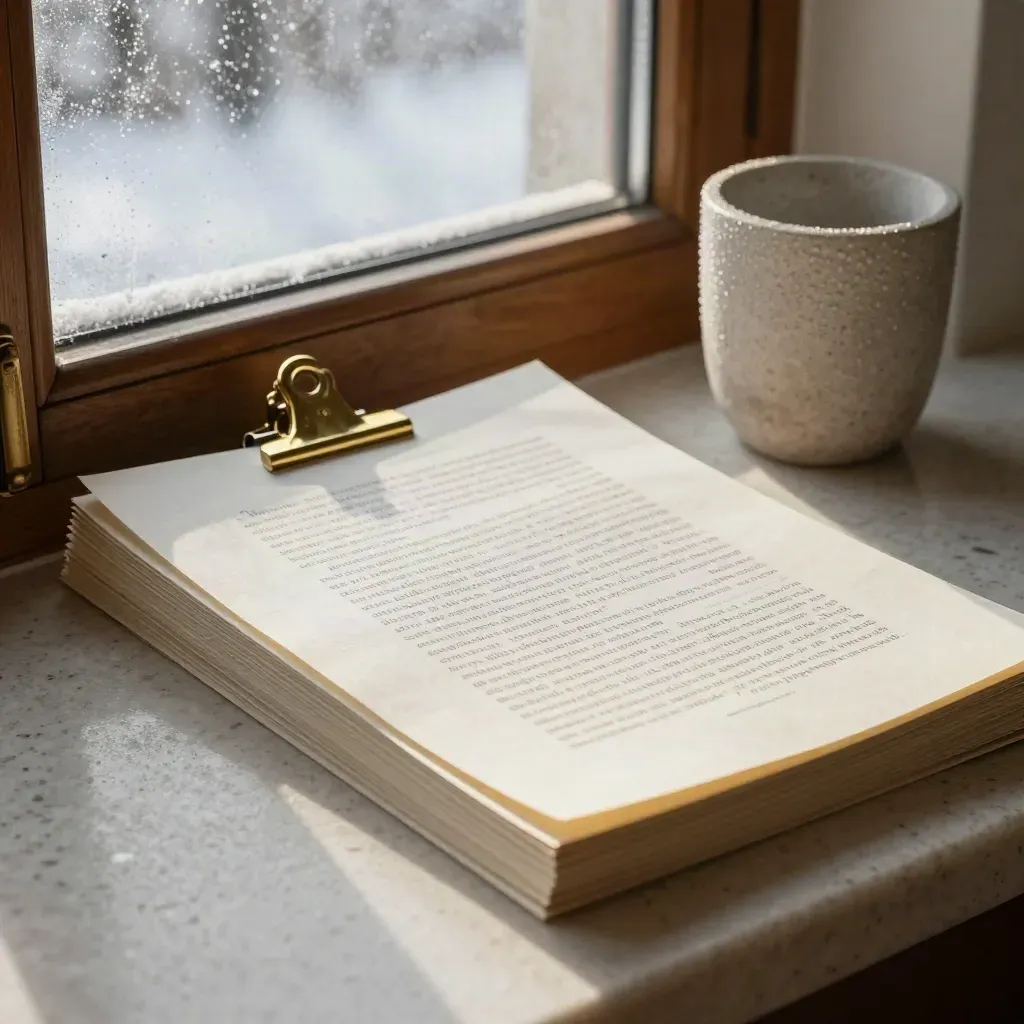 Frosted quote proofs, brass clip, and stone cup beside a sleet-streaked window at dawn.