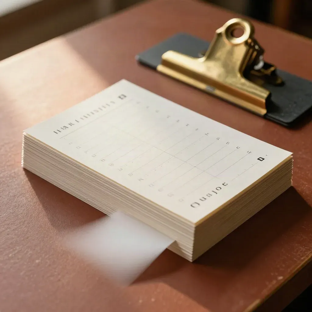 Card stack, brass tray, and paperweight shifting in soft light on a drafting table.