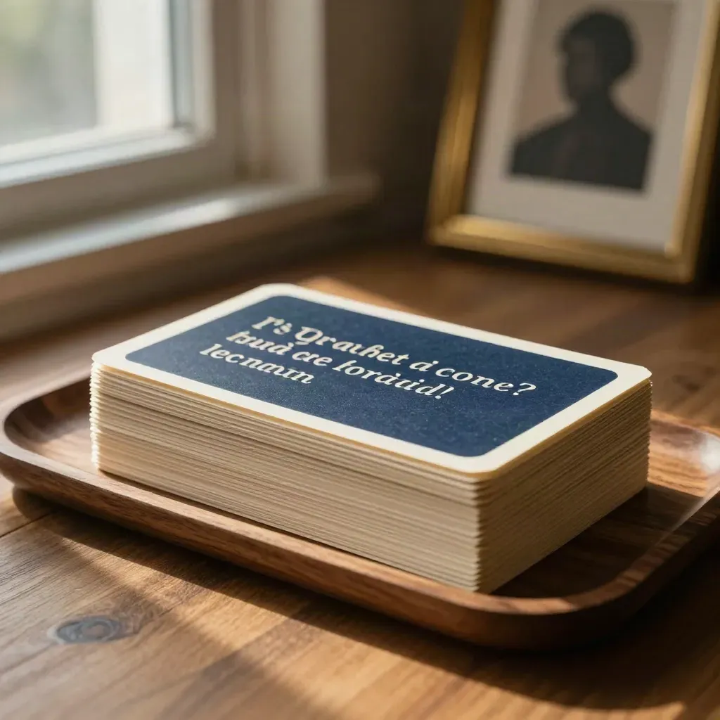 Archival quote cards on a walnut tray with a blurred silhouette portrait behind.