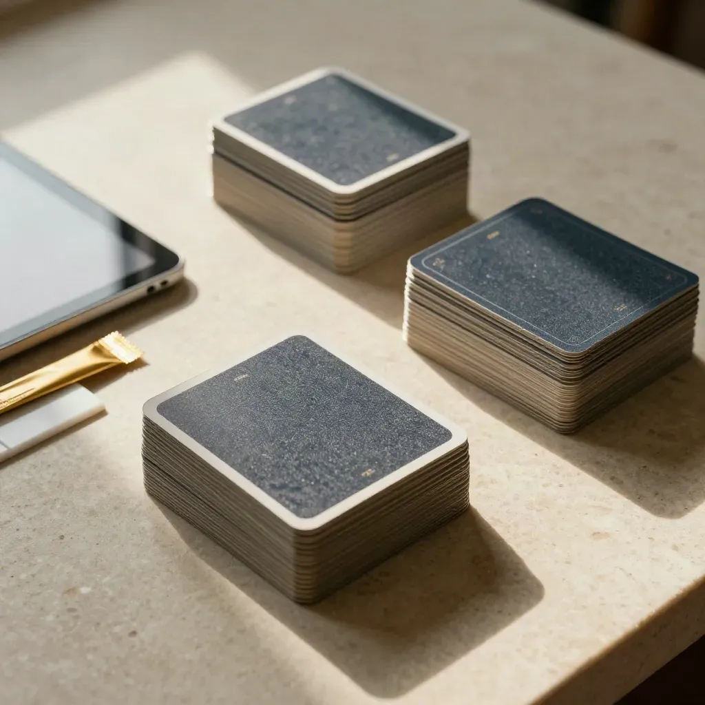 Top-down social-card packs split beside a face-down tablet and ceramic tile on limestone.