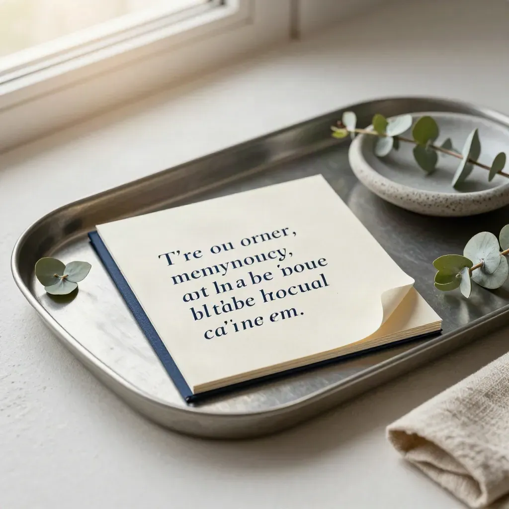 Brushed metal tray with a clipped quote card, eucalyptus, folded linen and ceramic dish