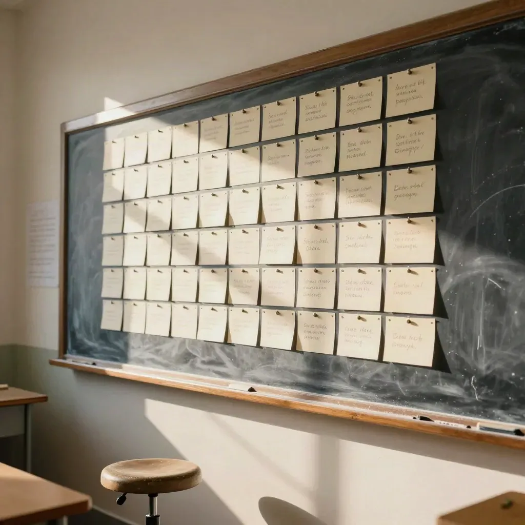 Classroom wall corner with pinned quote cards, stool, chalk ledge, and sunlit dust