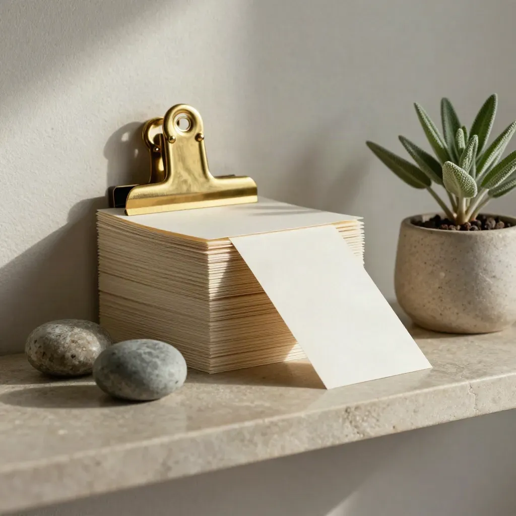 Draft-tip cards, brass clip, stone paperweights, and a tiny plant on a shelf.