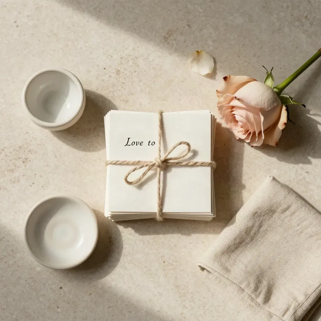 Love quote cards tied with twine beside a rose stem and ivory ceramic saucer on travertine.