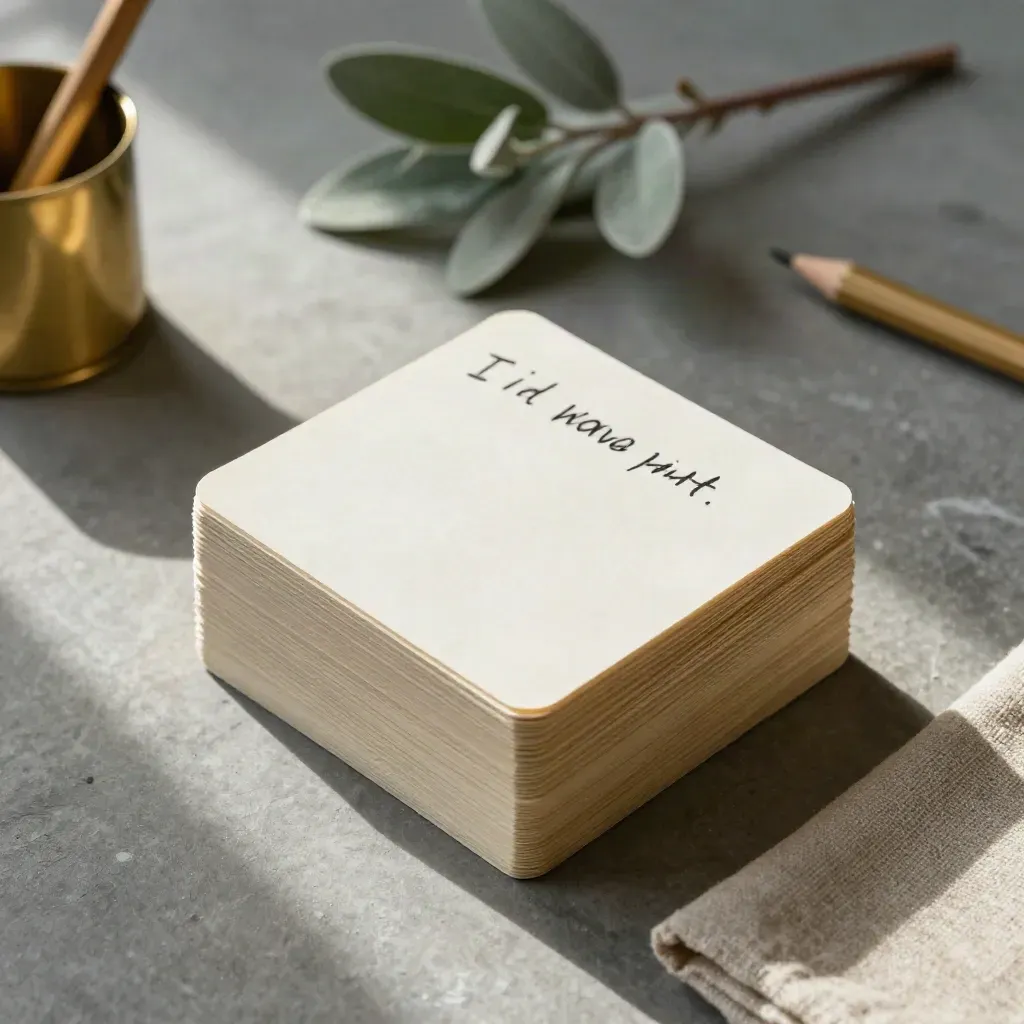 Top-down classroom quote cards, pencil cup, herb pot and linen pad on a chalky desk.