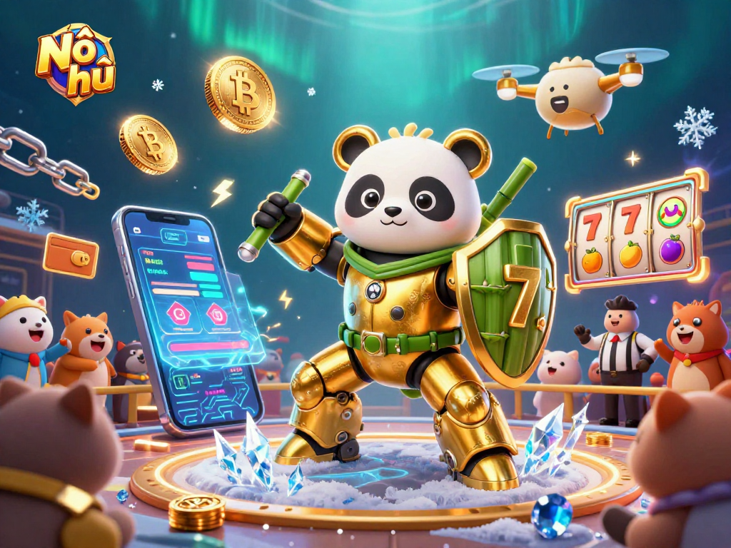 Nổ hũ highlights the exciting casino experience with a dynamic 3D scene filled with crypto elements.