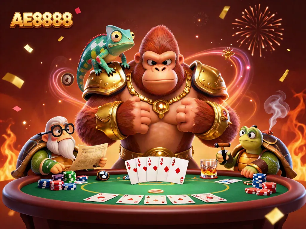 Experience the energy of AE8888 gaming with a vibrant illustration of a powerful gorilla king and wise tortoise elder.