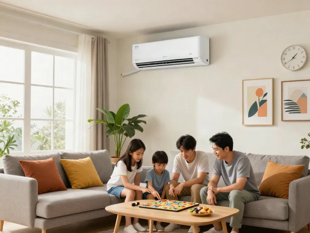 Cozy family living room with mini split air conditioner, comfortable seating, and natural light.