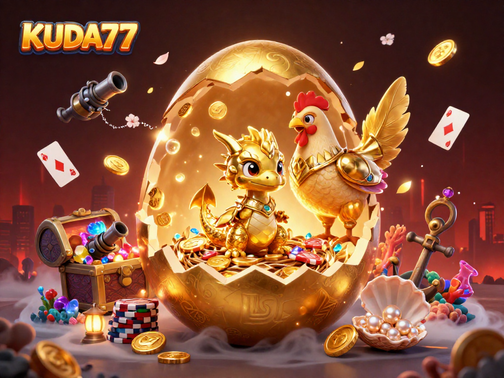 Gali kemenangan dengan KUDA77, menyaksikan naga emas dan keripik poker di latar belakang kasino yang megah.