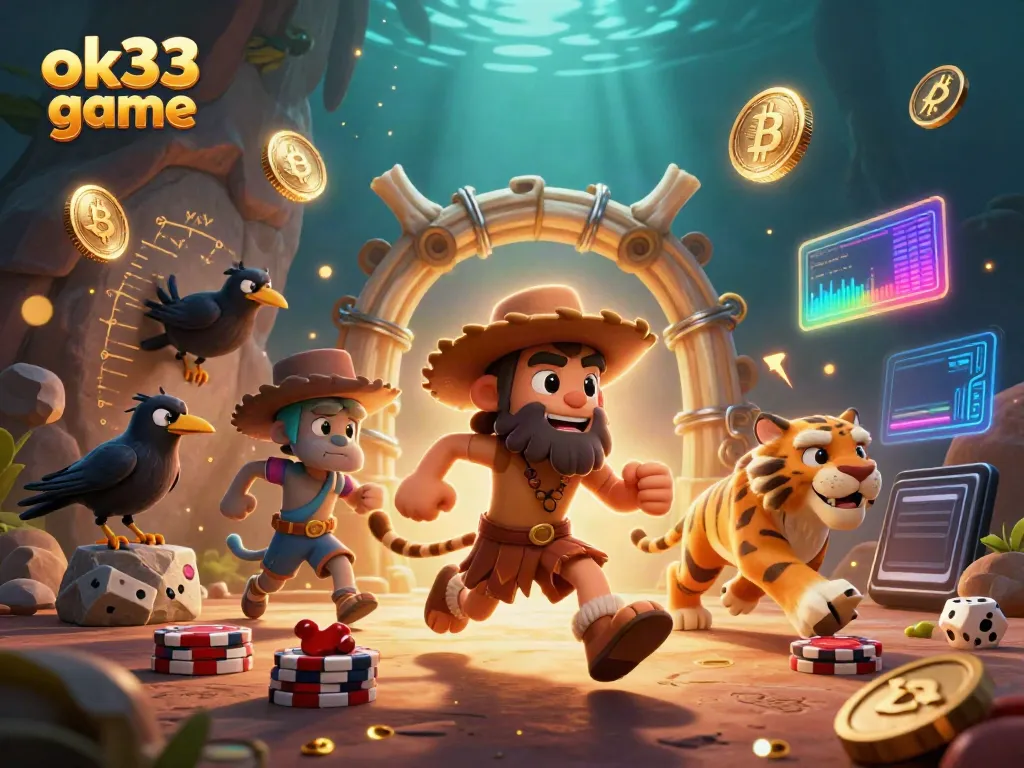 Engage with the exciting ok33 game in a prehistoric casino setting featuring a caveman and tiger duo.