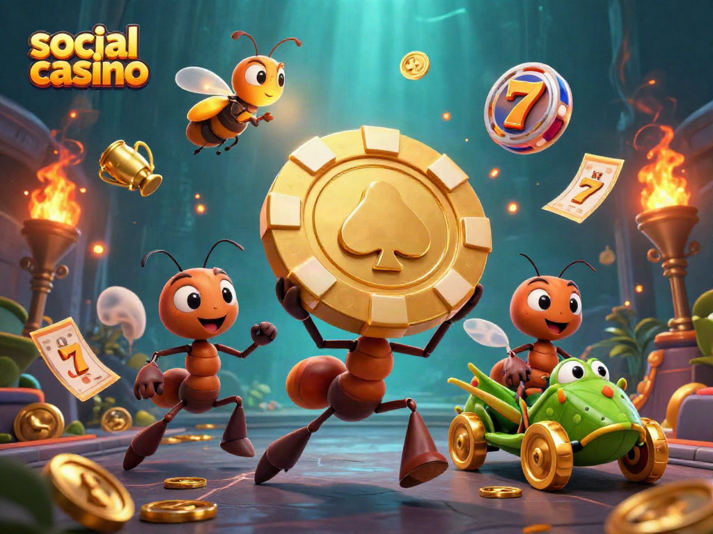 Engage in a social casino adventure with cartoon ants carrying a giant poker chip amidst vibrant casino elements.