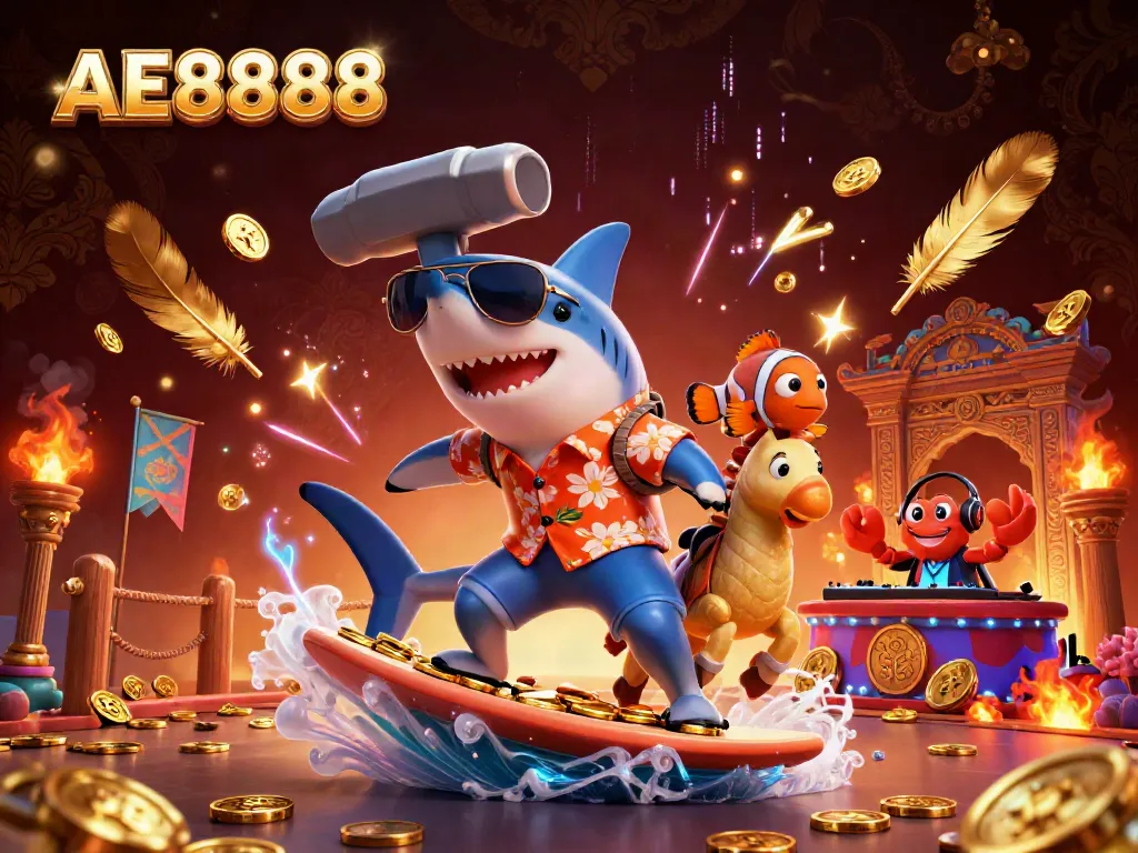 Engage with AE8888's vibrant casino fun, featuring a shark, clownfish, and crab in a dynamic scene.