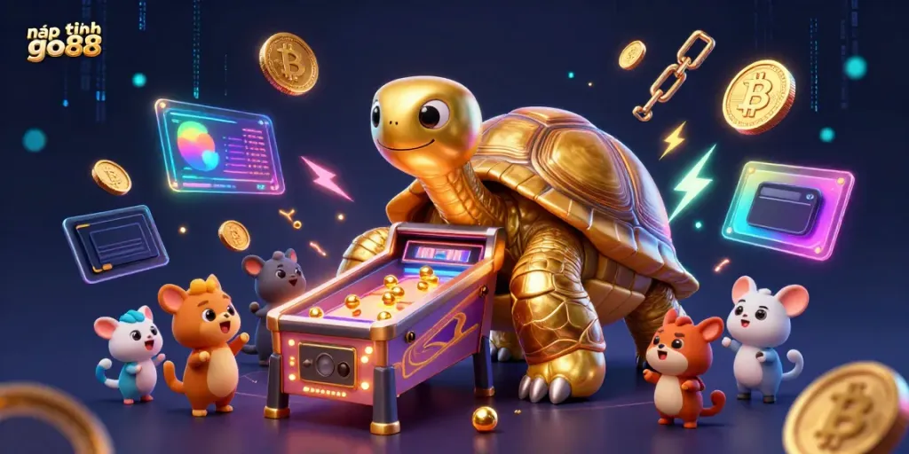 Play nạp tiền go88 with a dynamic pinball tortoise surrounded by crypto coins in a vibrant scene.