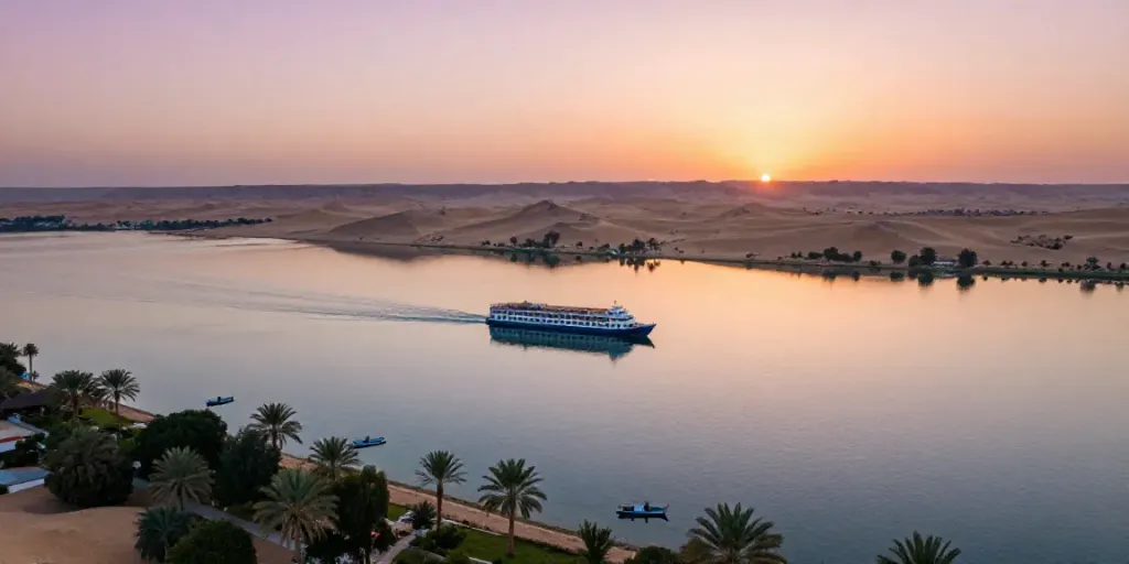 Lake Nasser Cruise ship sailing at sunset, serene waters reflecting vibrant colors.
