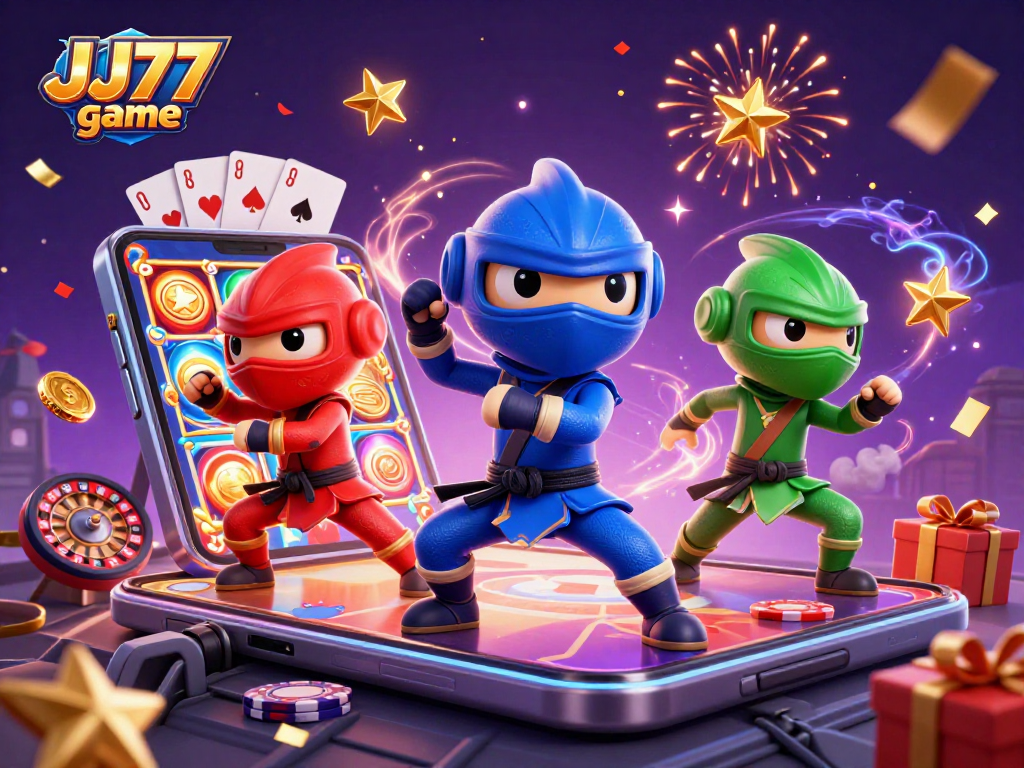 Play the JJ77 game featuring ninja chameleons and vibrant slot game elements.