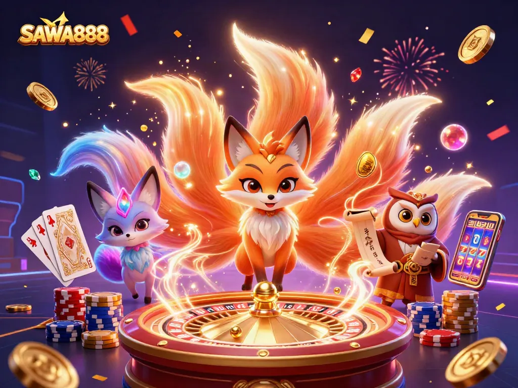 Experience vibrant SAWA888 casino energy with a colorful nine-tailed fox and wise owl surrounded by riches.