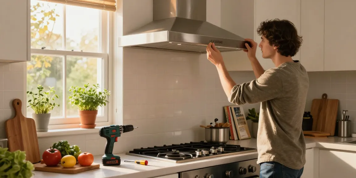 Exhaust hood installation process in a bright home kitchen with tools and a homeowner preparing for setup.