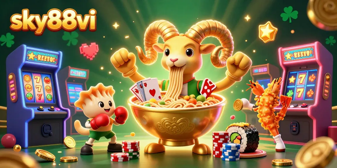 Join the excitement at sky88vi with a playful 3D illustration featuring a ramen bowl dealer stacking chips.
