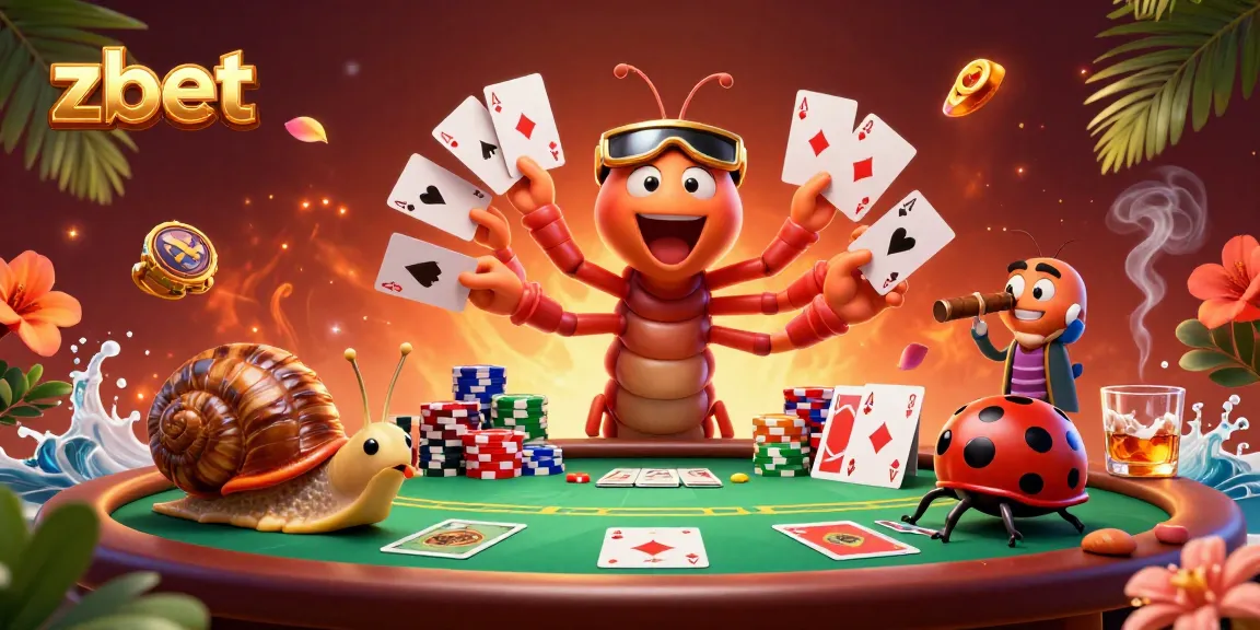 Engage with zbet's thrilling poker action featuring a vibrant millipede dealer.
