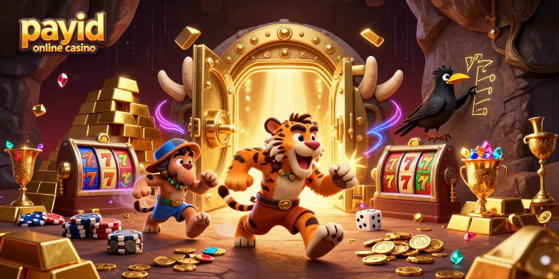 Experience the excitement at a payid online casino with a vibrant caveman-themed casino scene featuring treasure and slot reels.