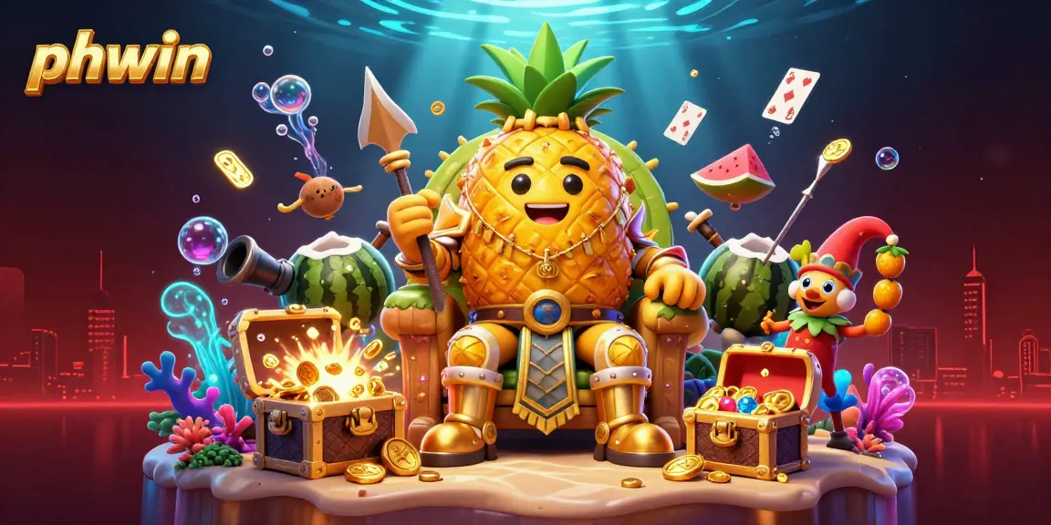Experience the thrill of phwin with the golden pineapple king and vibrant casino elements in this dynamic illustration.