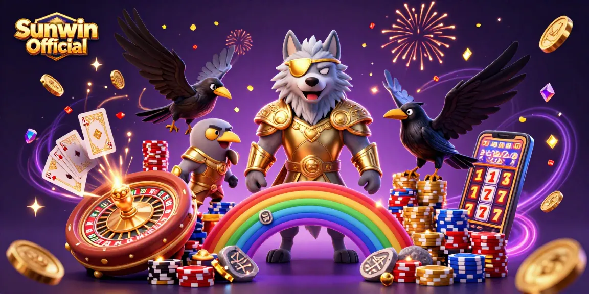 Spin to win with Sunwin Official's vibrant 3D casino illustration featuring iconic characters and rich casino elements.