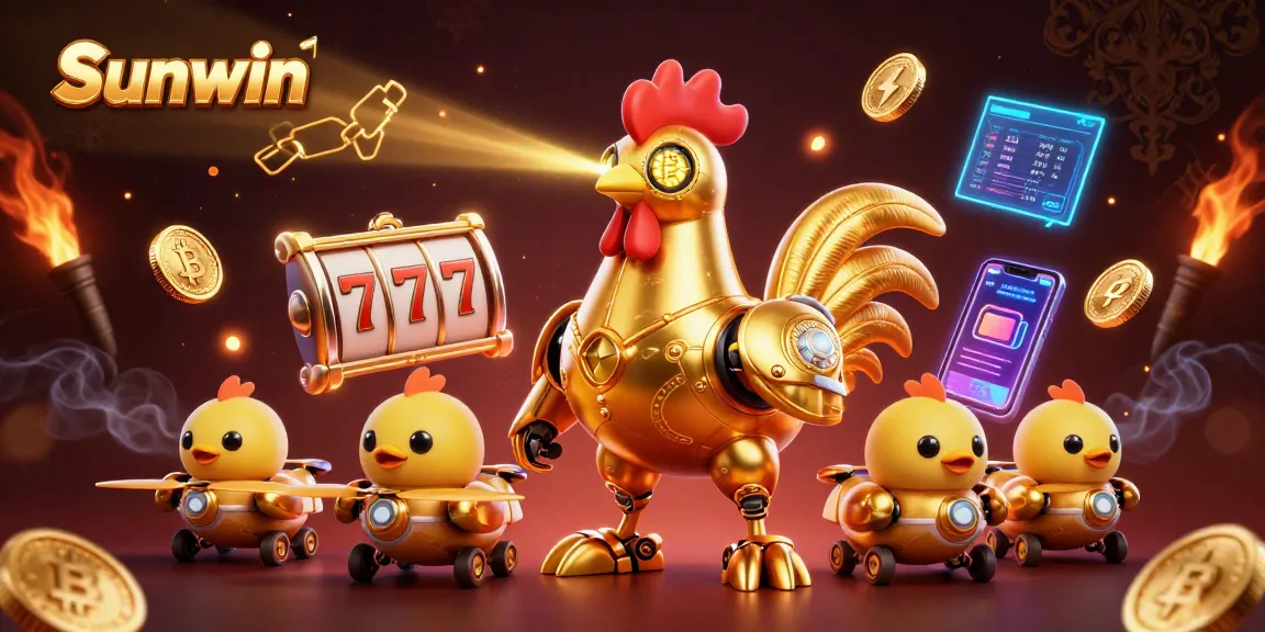 Experience thrilling wins at Sunwin with a golden robotic rooster amidst exciting casino elements.