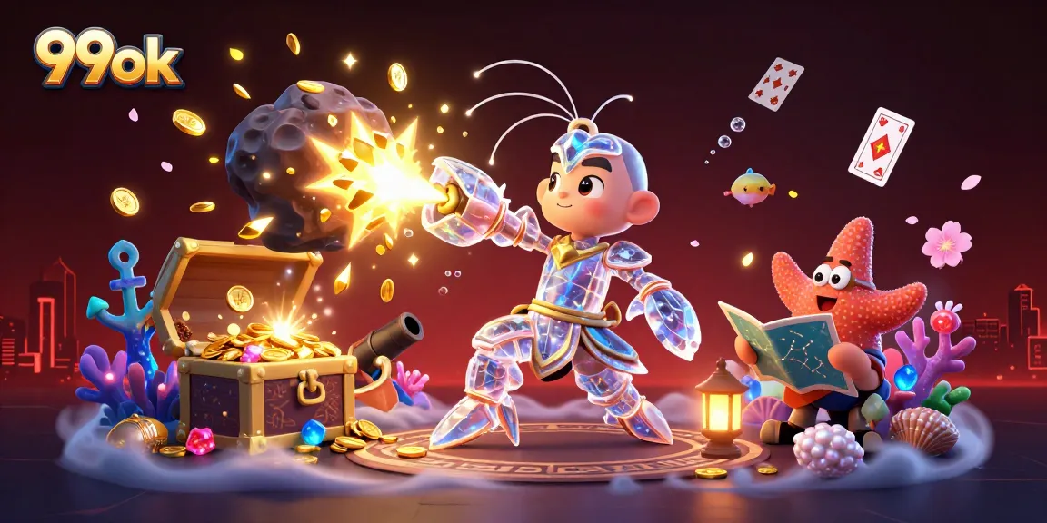 Experience winning moments with 99ok in a vibrant casino scene featuring gems and coins.
