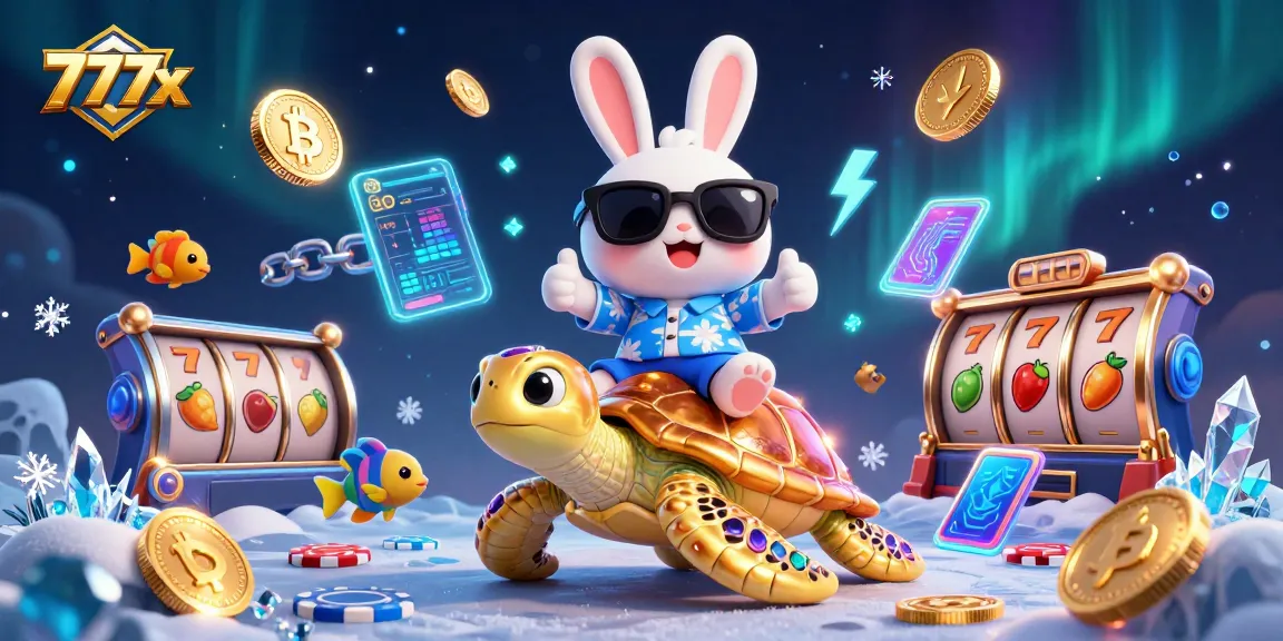Spin the reels with 777x and the lucky rabbit on the giant turtle in a vibrant casino adventure.