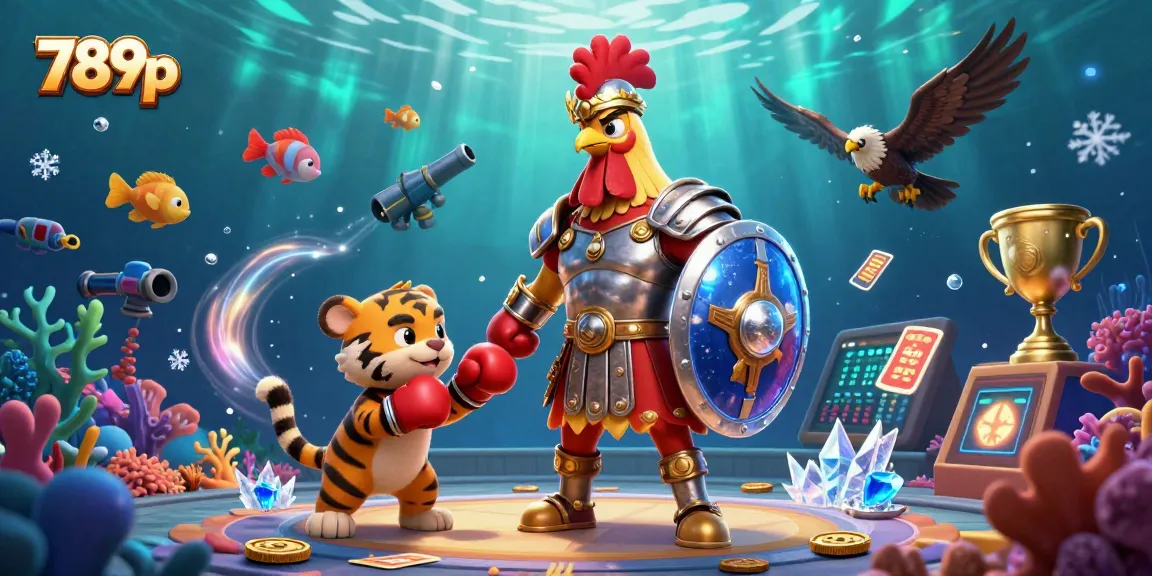 Engage with thrilling underwater gaming action at 789p featuring a gladiator rooster, fish game elements, and vibrant coral.