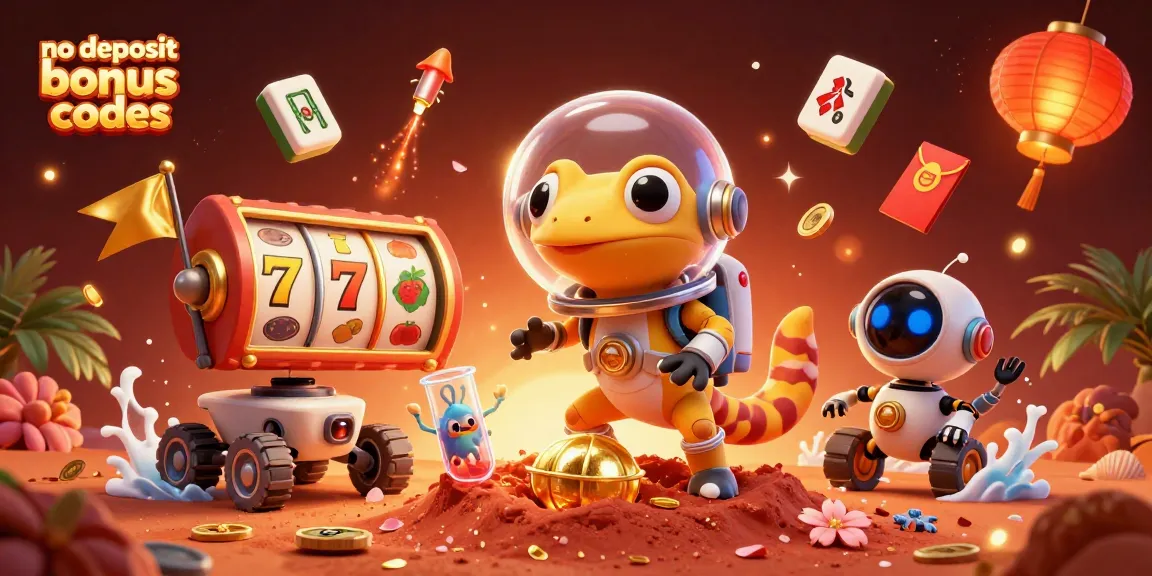 No deposit bonus codes illustration showing a Martian gecko in a casino with gaming elements.