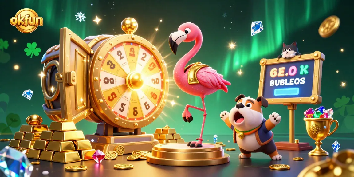 Engage in exciting gameplay at okfun with vibrant prizes, gold treasures, and cheerful 3D characters.