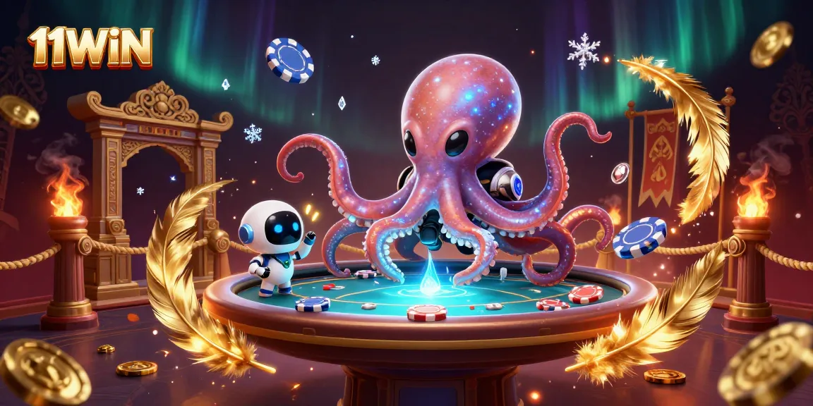 11WIN showcases an alien octopus at a poker table, surrounded by cosmic casino elements.