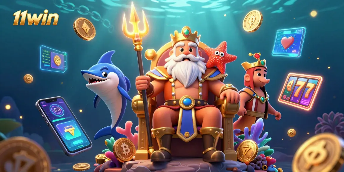 Engage in thrilling 11WIN slots with Neptune and vibrant gaming elements in a dynamic scene
