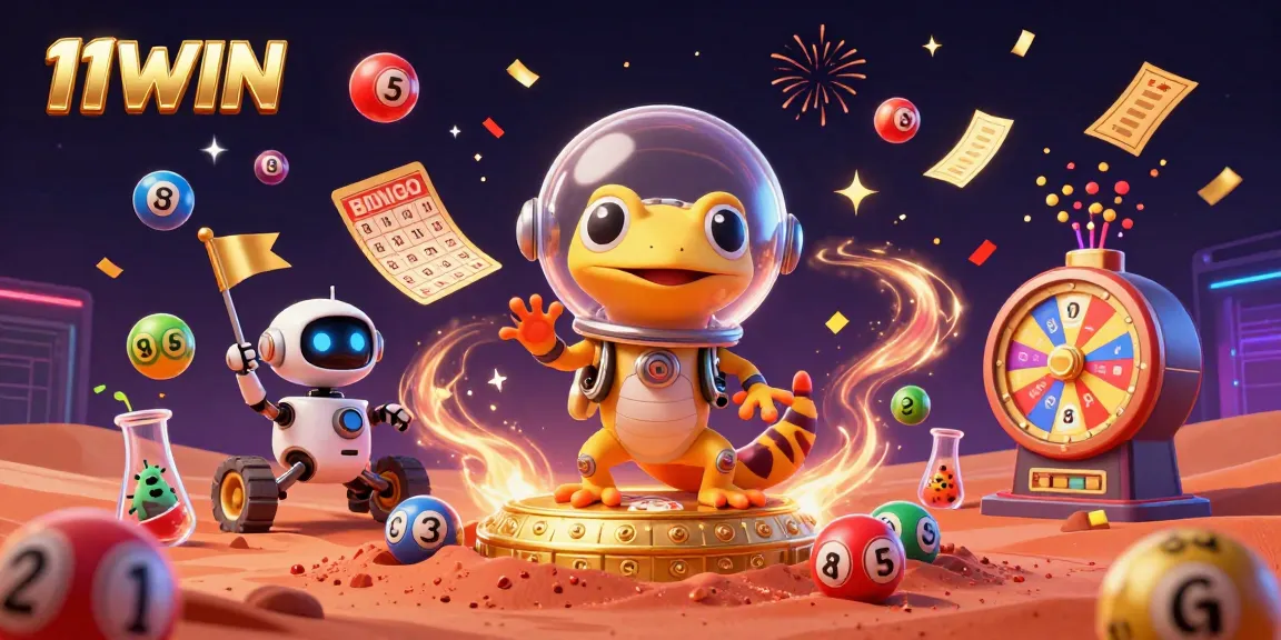 Experience the excitement of 11WIN with a Martian gecko exploring a golden casino in this vibrant illustration.