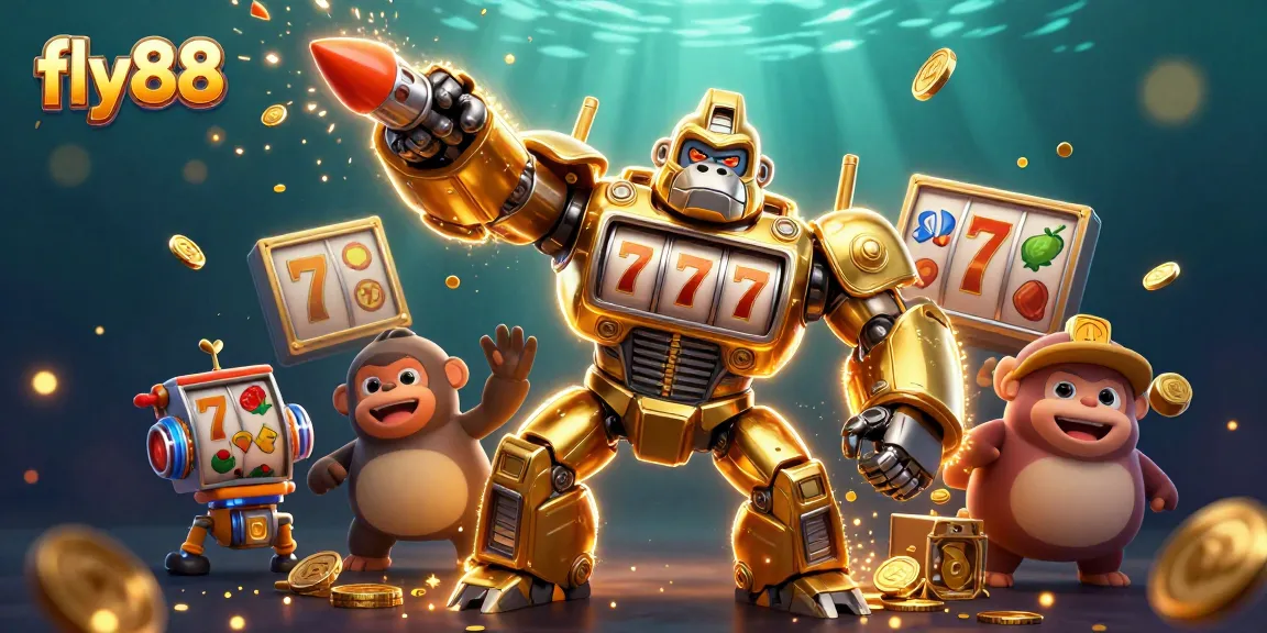 Experience the thrill of fly88 as a golden gorilla mech bursts with winning slot game action!