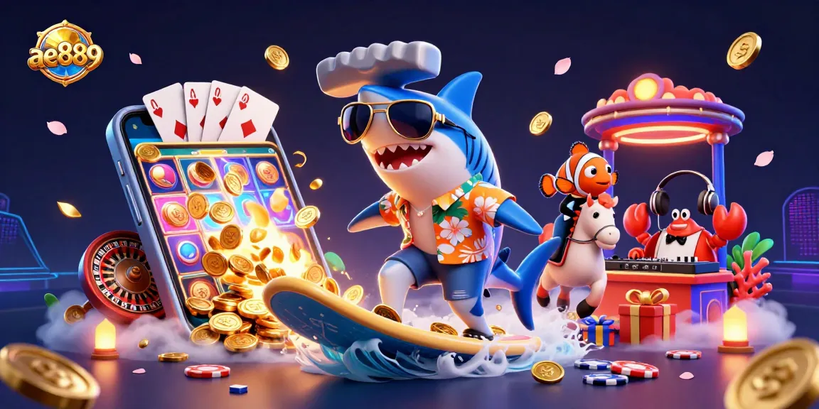 Win big at ae889 with vibrant slots, featuring a shark surfing on gold coins and dynamic game elements.