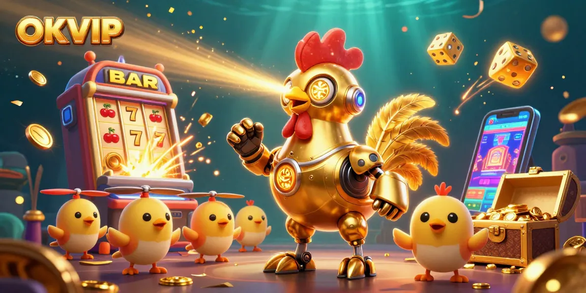 Experience thrilling gameplay at OKVIP with a dynamic 3D casino illustration showcasing exciting slot machines and vibrant characters.