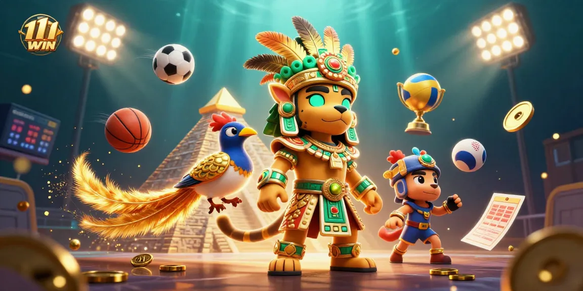 Experience the excitement of 11WIN with a vibrant 3D illustration showcasing sports and gaming elements.