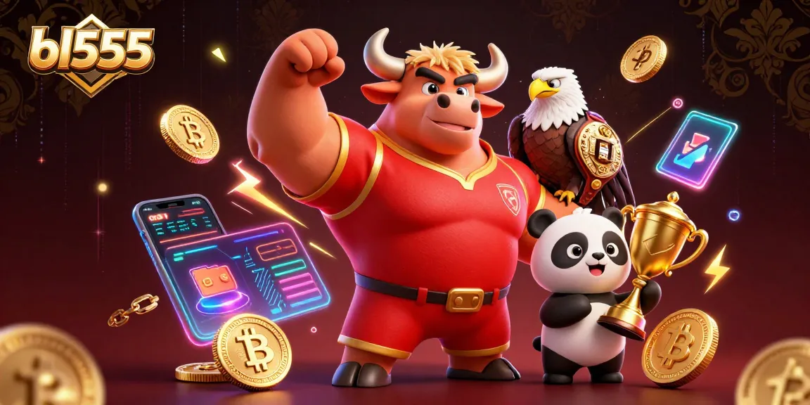 Experience vibrant gaming dynamics at bl555, showcasing a powerful bull mascot, eagle, and trophy alongside crypto elements.