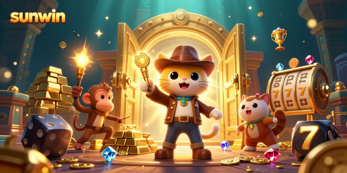Experience the excitement of sunwin's vibrant gaming world with a cartoon cat and monkey exploring treasures.