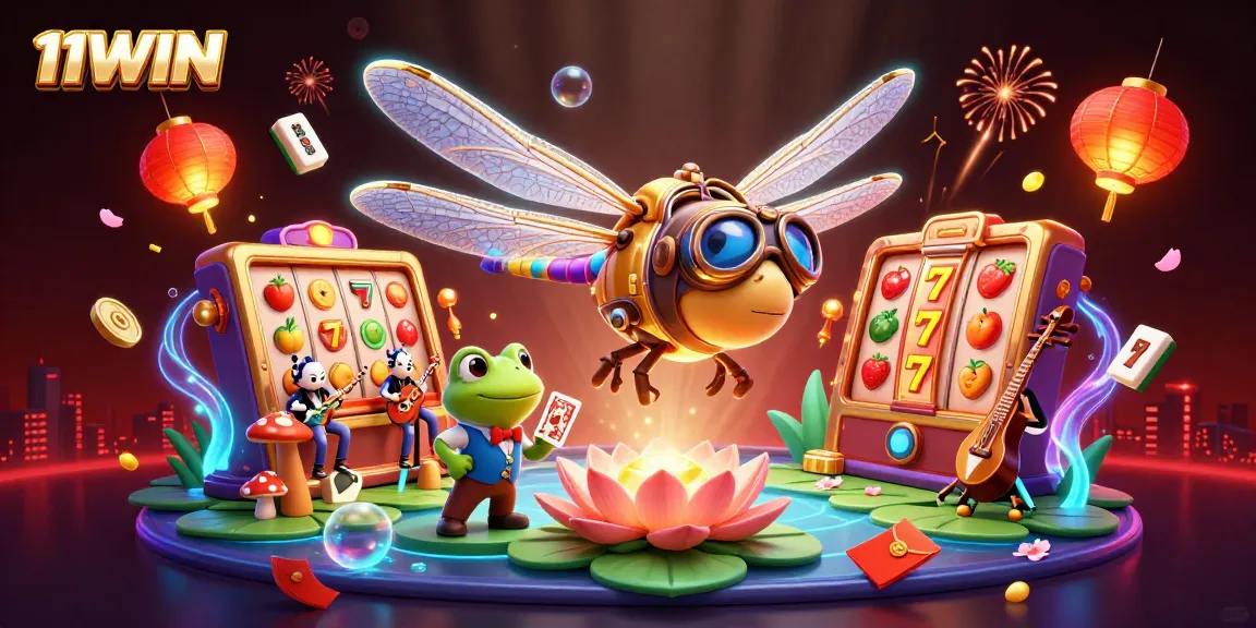 Experience thrilling 11WIN moments as the dragonfly pilot hovers over a vibrant casino scene.