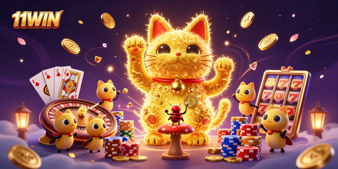Experience the magic of 11WIN with a vibrant casino illustration featuring lucky symbols and gold.