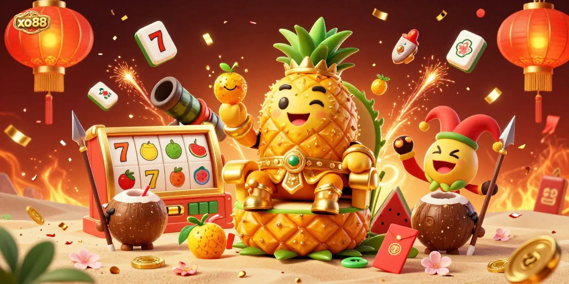 Experience vibrant action at xo88 with a 3D golden pineapple king and fruit-themed casino elements.