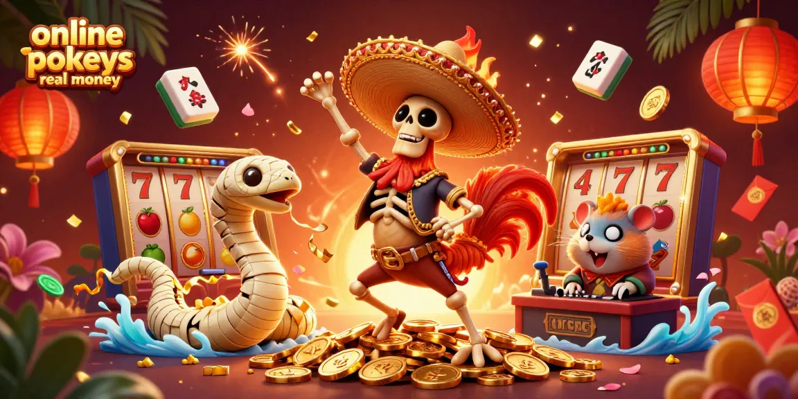 Experience online pokies real money with vibrant characters and dynamic casino elements in this 3D illustration.
