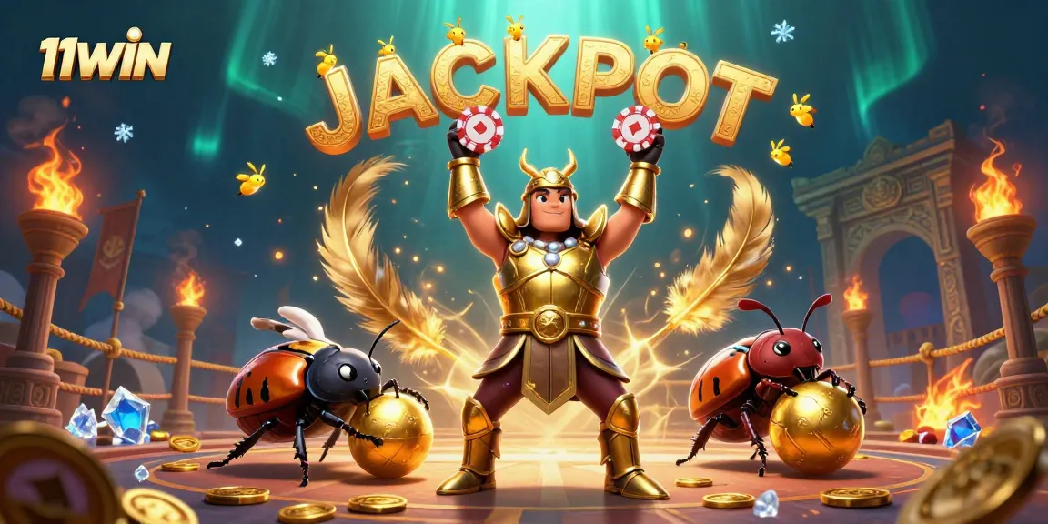 11WIN showcases a victorious beetle at a lively casino scene, celebrating a jackpot.