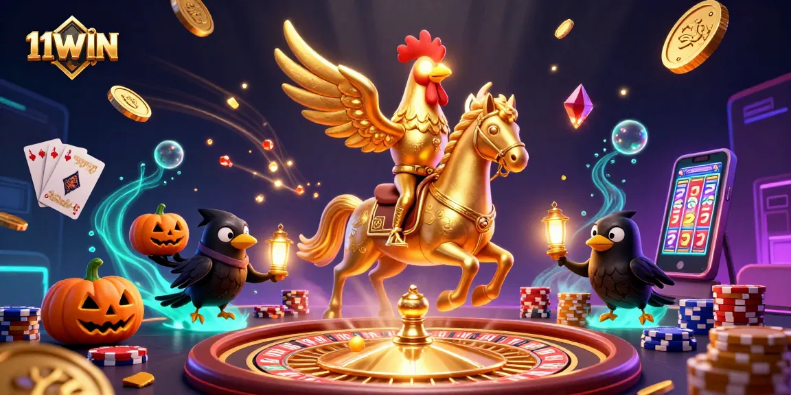 Experience the excitement of 11WIN with a stunning casino scene featuring golden rooster characters.