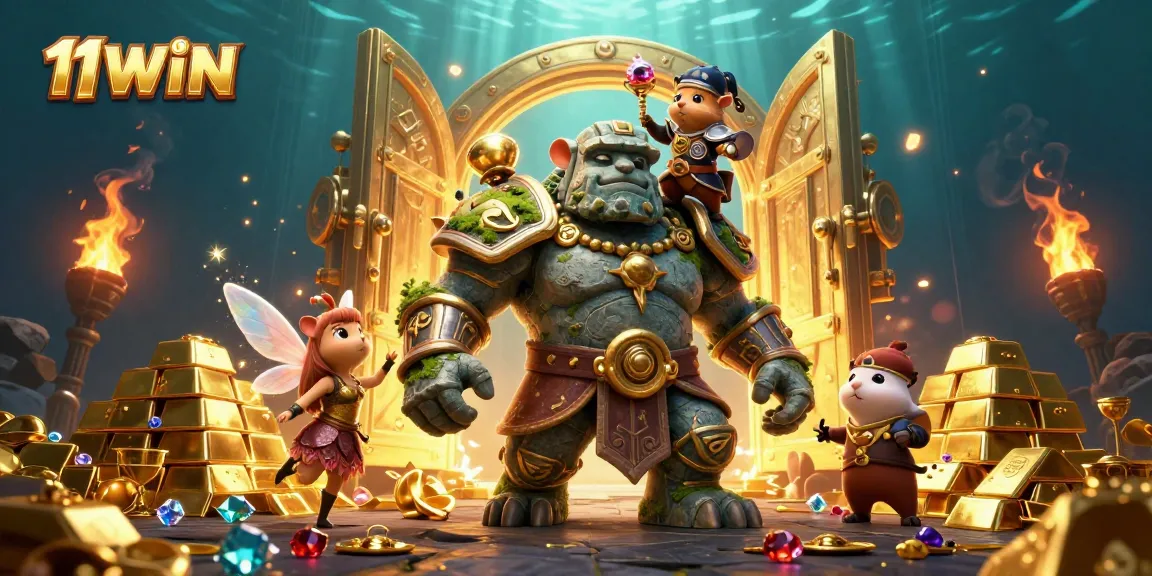 Engage with 11WIN's captivating 3D illustration featuring a golem guardian and treasures.