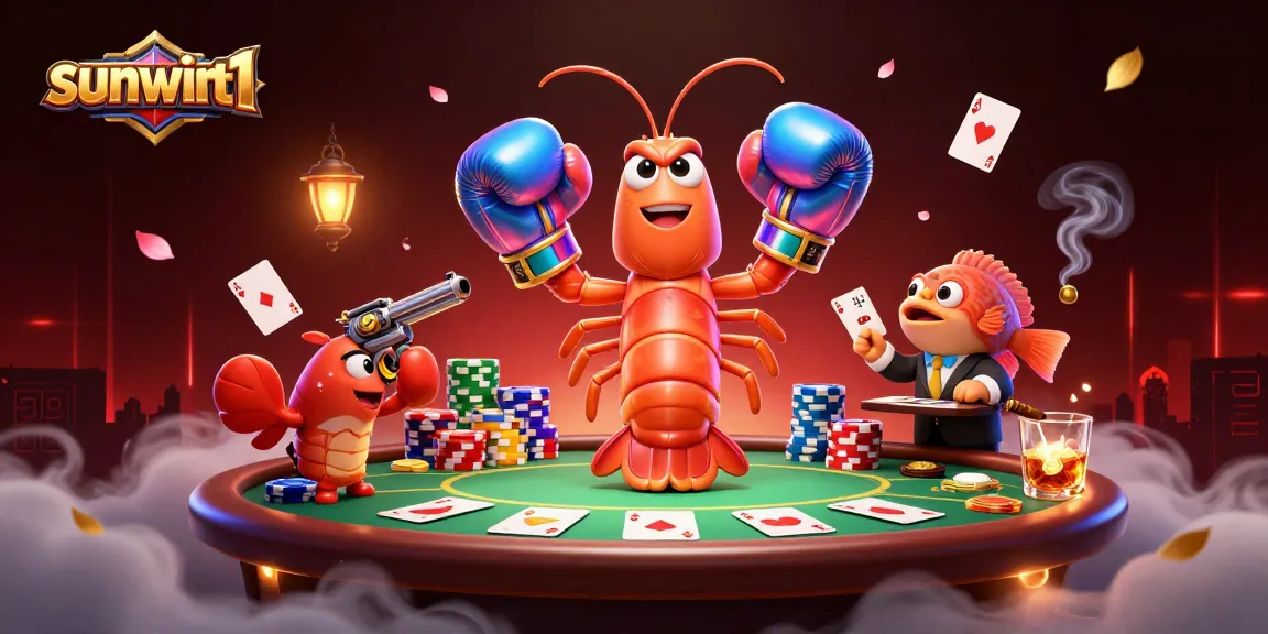 Experience high-stakes poker action with sunwint1 in a vibrant 3D casino scene filled with colorful elements.