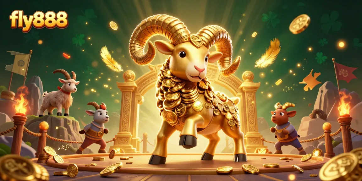 Experience thrill at fly888 with a golden ram charging through an epic gambling arena.